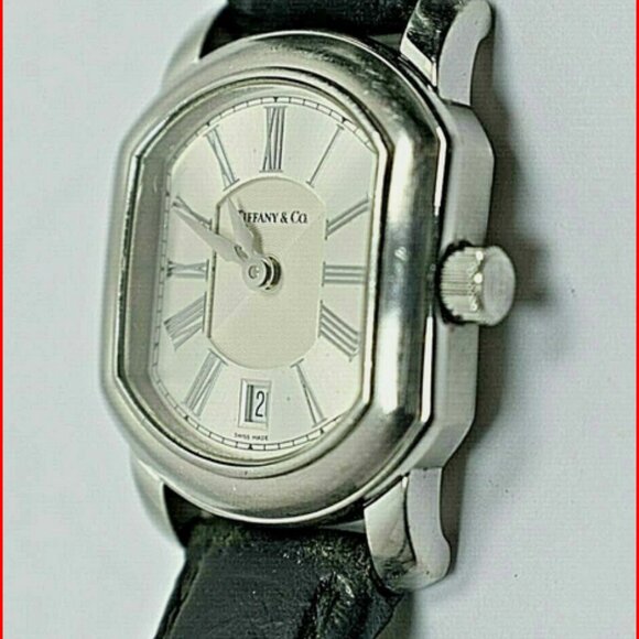 Tiffany &Co Atlas Mark Coupe Watch Resonator Date Silver &  Black Leather - Picture 7 of 10